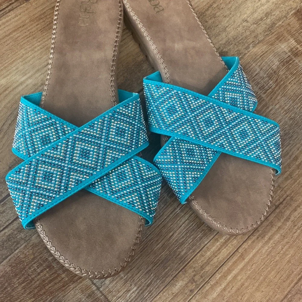 Reba Turquoise Cross Band Silver & gold Beaded Slide Sandals slides size 8